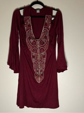 Venus Women's Burgundy Beaded V-Neck Dress Size L